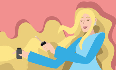 Woman with long blond hair uses hair oils. The concept of cleanliness, freshness and self-care. Daily routine. Vector horizontal illustration.