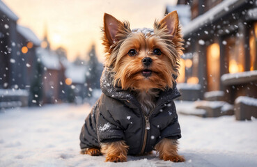 cute Yorkshire terrier in the snow. snowfall	