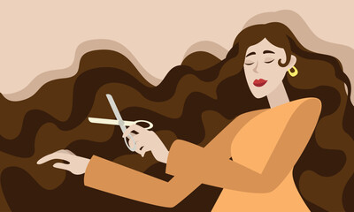 Woman with long brown hair cutting her hair. The concept of cleanliness, freshness and self-care. Daily routine. Vector horizontal illustration.