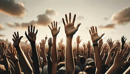 Hands of people raising up in the air - Powered by Adobe