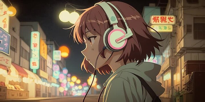 Captivating Anime Girl with Headphones in Dreamy Lofi Music Video Animation - Serene Blurry Lights, Ideal for Fantasy Art, Teenager Portrait, Creating a Melancholic Atmosphere. Generative AI