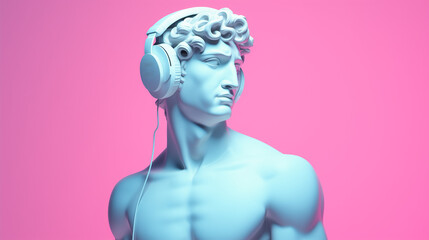 Handsome ancient Greek. Naked marble statue wearing headphones. Minimal surreal concept of festival, listening to music, rhythm, beat and historical fiction. Pink pastel background with copy space. - obrazy, fototapety, plakaty