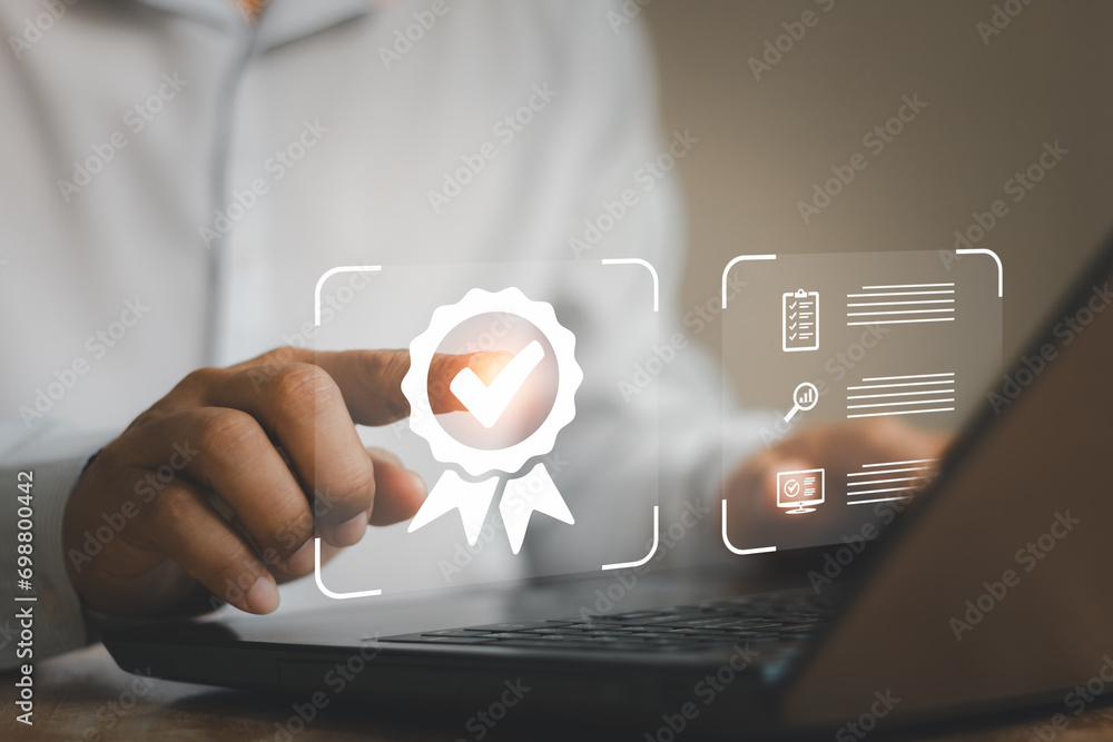 Poster businessman working with a sign of the top service quality assurance, iso certification and standard