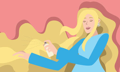 Woman with long blond hair uses hair spray. The concept of cleanliness, freshness and self-care. Daily routine. Vector horizontal illustration.