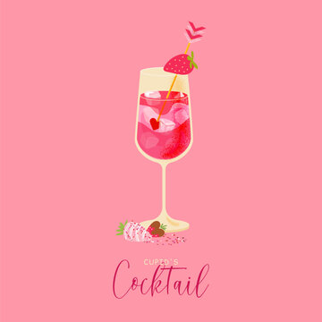 Cupid's cocktail. Alcohol drink with champagne, Strawberry, Grapefruit juice, Gin. Vector illustration for Valentine's day, Women Romantic holiday