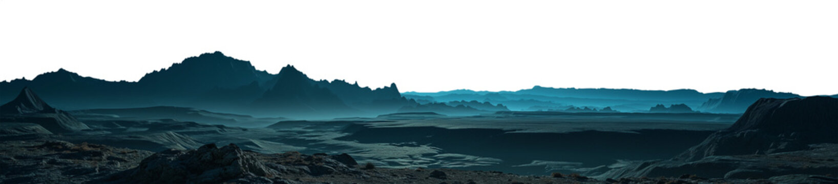 panoramic wide angle view of a vast landscape at night or dusk - mountain range - sharp jagged rocks - vast arid rocky landscape - alien planet surface - ethereal sci-fi surface concept - pen tool cut