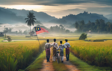 Village bot wearing a traditional malay clothes call "baju melayu" walking near the paddy field, holding malaysia flag. Indenpendence Day Concept