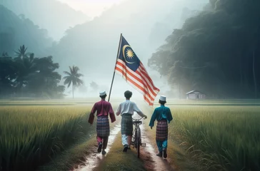 Foto op Canvas Village bot wearing a traditional malay clothes call "baju melayu" walking near the paddy field, holding malaysia flag. Indenpendence Day Concept © shahrilkhmd