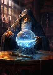 wizard ball hands reading directory early monster grounds blue white robes musk necro - obrazy, fototapety, plakaty