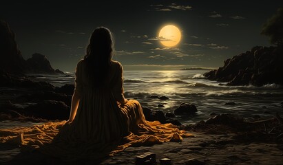 woman sitting beach looking ocean night avatar yellowish full moon sad emotion being rest peace sings beautifully - obrazy, fototapety, plakaty