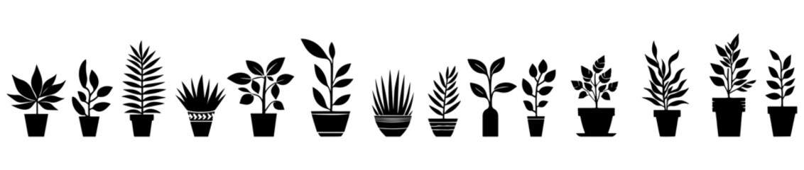Vector illustration. Silhouette of flowers in pots. Large set of plants. - obrazy, fototapety, plakaty