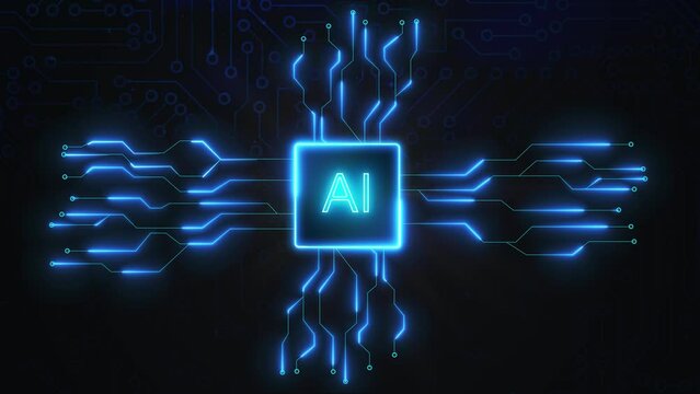 Futuristic Cyber Innovation, Process Automation And Artificial Brains. Data Transfer In Futuristic Chip Board, AI Based Virtual Computer On Black Background. Looped, Seamless, Repetitive Animation, 4k