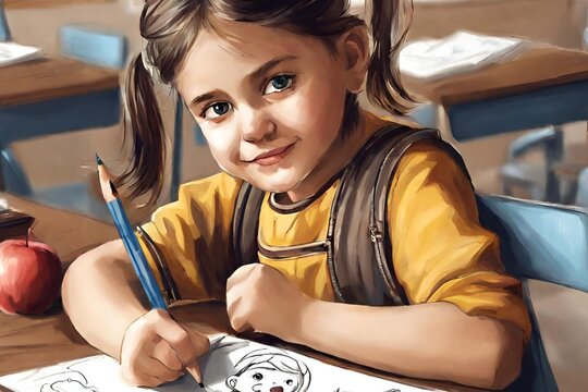 School, Child, Draw image, Cute little school girl drawing with pencils at table in classroom
