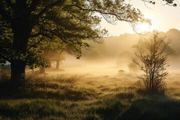 Fototapeta na wymiar early morning mist with rising sun. highlighting the freshness and tranquility of spring mornings
