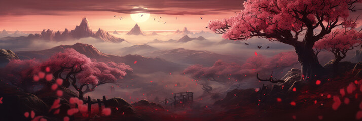 Magical landscape with cherry blossom