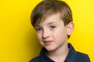 close-up portrait of a boy of Slavic appearance on a yellow background