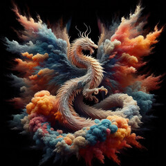 Obraz premium graphic image of a Chinese dragon in smoke rings of different colors, year of the dragon, traditions and history