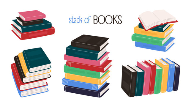 Stack of books. Hand drawn pile of books set. World book day. Knowledge and education concept. School textbooks, dictionaries, encyclopedias, literature. Library or bookstore. Flat Vector illustration
