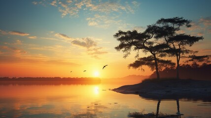 Serene sunset with silhouetted trees by a calm lake and birds in flight