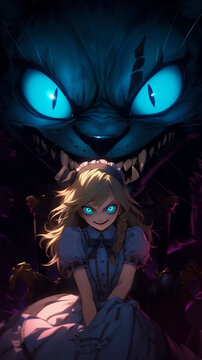 An Animation Style Illustration of an Evil Alice in Wonderland and Cheshire Cat