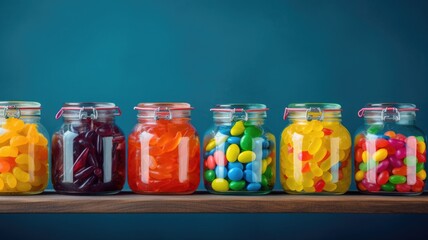 Assorted colorful candies in clear jars on a wooden shelf
