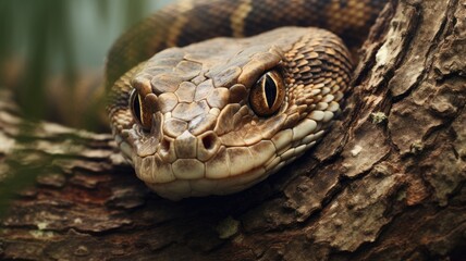 Close-up of a python's face resting on a tree branch
