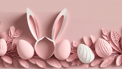 Easter eggs and bunny ears in monochrome pastel pink in papercut style with copy space