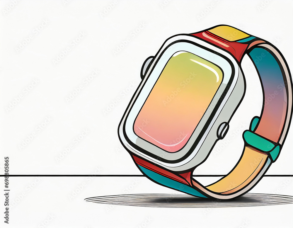 Poster smart watch with black strap on the white table with copy space at the left side.
