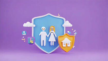 Shield protect icon and family model, Security protection and health insurance. The concept of family home, protection, health care day