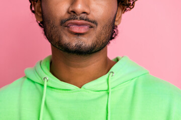 Close up cropped photo of funny boyfriend indian man pouty lips sending you a kiss lover flirting isolated on pink color background - Powered by Adobe
