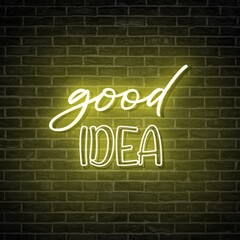 Good Idea neon sign on brick wall background. Yellow neon sign.