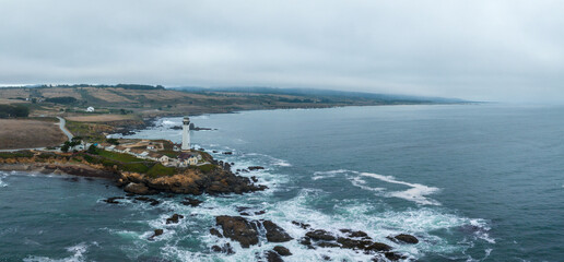 Pigeon point lighthouse. Aerial view of the lighthouse on top of the Cliff in California, USA.