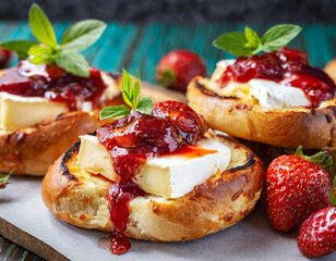 closeup of freshly baked bread buns with melted brie cheese and strawberry jam topping