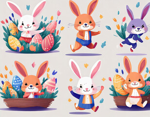 Easter bunny set. Collections of cute rabbit or hare character jumping, playing, sleeping and hunting easter eggs. Flat cartoon vector illustration isolated