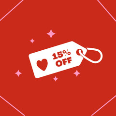 15 percent discount.
Red banner with triangle and heart for promotions and offers.
