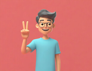 Happy cartoon character man in purple t-shirt show victory sign with hand isolated over white background.