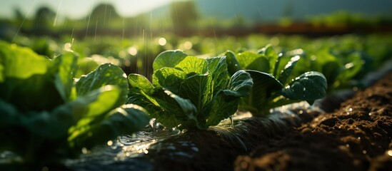 Fototapeta na wymiar Automatic watering system on vegetables in green farm