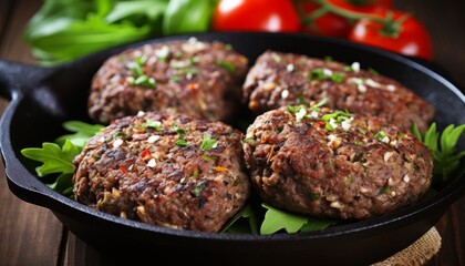 Irresistible grilled juicy meat burger patty sizzling and browning to perfection on a hot pan