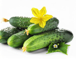 Many fresh raw cucumbers with flower isolated on white