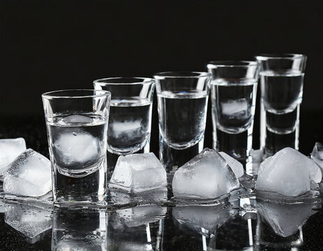 Many glasses of vodka standing on ice on black background