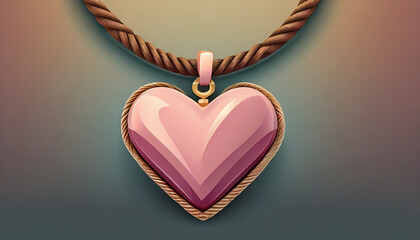 Pink heart necklace with brown rope. 3d accessory icon illustration. - obrazy, fototapety, plakaty