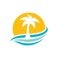 Fototapeta na wymiar Beach and palm tree vector logo. Travel and tourism sign.