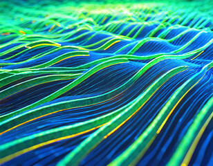 Big data field of a stream of interlaced strings. 3D illustration of wavy cyberspace