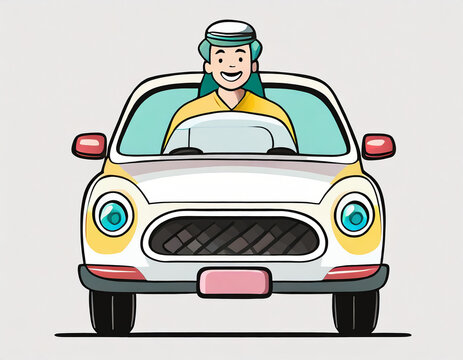Yellow car, yellow taxi, driver in the front seat. Front view of a taxi. City taxi service, transfer, passenger transportation, vehicle, hackney carriage. Vector illustration on a lilac