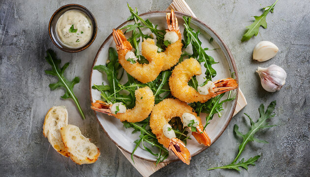 breaded Torpedo shrimps with garlic sauce and arugula; top view
