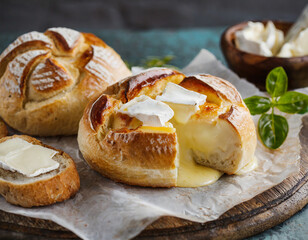 Obraz na płótnie Canvas closeup of freshly baked bread buns with melted brie