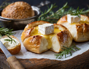 closeup of freshly baked bread buns with melted brie