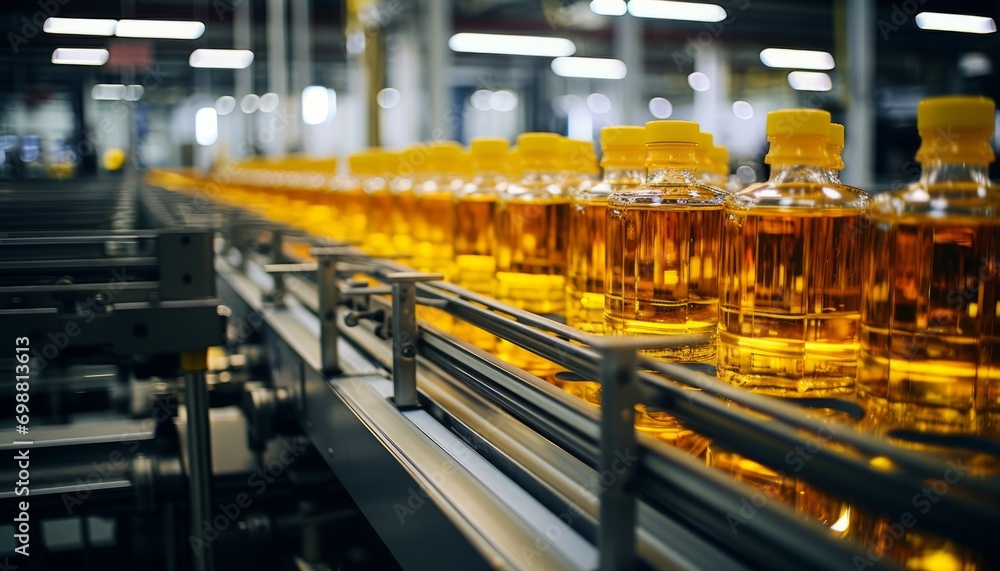 Poster advanced automated beverage filling process with glass bottles at a state of the art factory