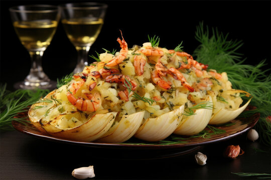 Fennel Stuffed with Shrimp on Potato-Saitling Brunoise