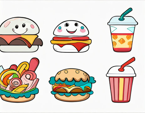 Group of fast food restaurant menu. Hamburger, french fries, soft drink, pizza, hot dog, fried chicken drumstick, and sandwich. Set of cute cartoon meal dish icons. Vector design illustration concept